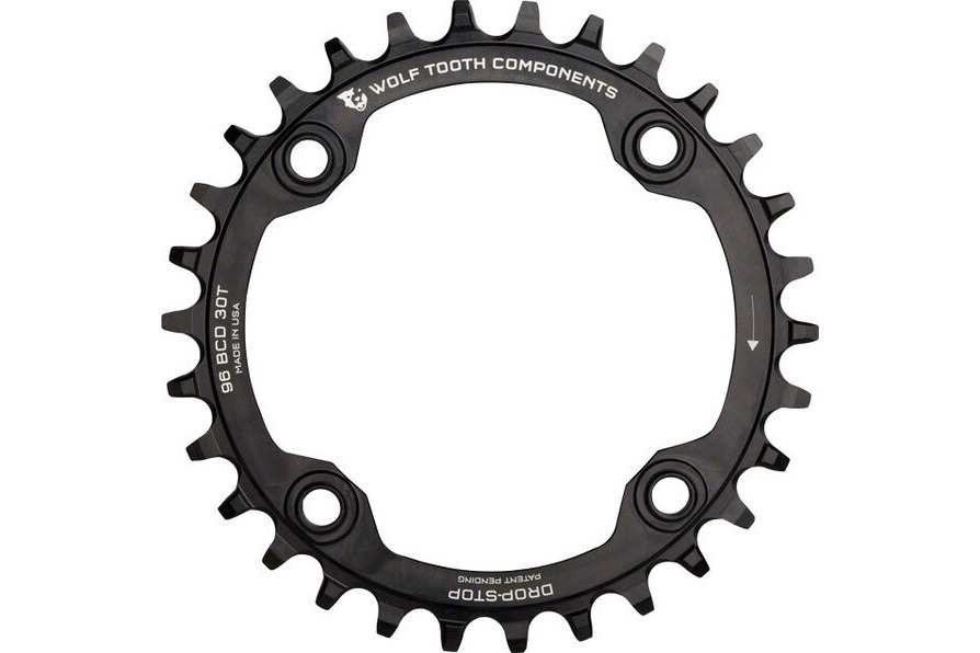 Wolf Tooth 96 Symmetrical BCD Chainring - 34t 96 BCD 4-Bolt Drop-Stop For Shimano Cranks Black